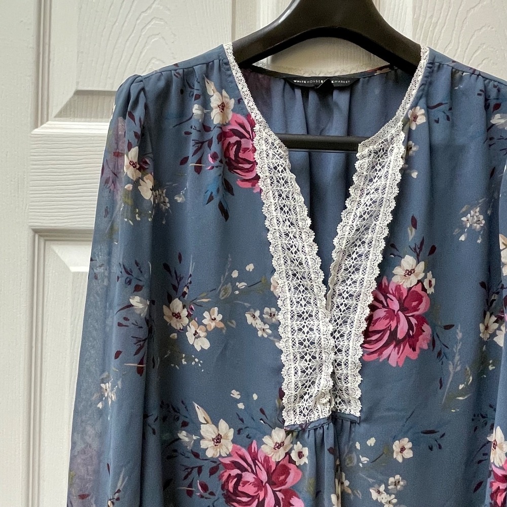 White House Black Market Floral Lace‎ Trim Blouse Women's Size 14 Long Sleeve - Picture 4 of 16